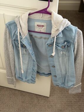 Mossimo Supply Co. Light Blue Denim Jacket with Grey Knit Hood & Sleeves